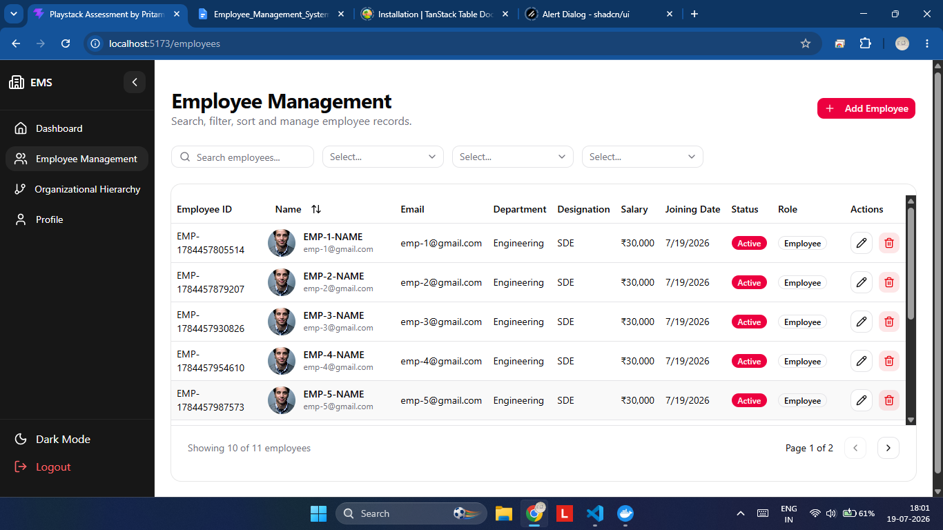 Screenshot of Employee Management System development assignment project built with Angular, showcasing responsive web design